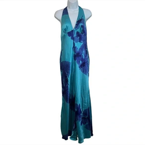 . VINTAGE RARE Victoria's Secret SILK Blue Floral Halter Top Jumpsuit Size M - Picture 2 of 4